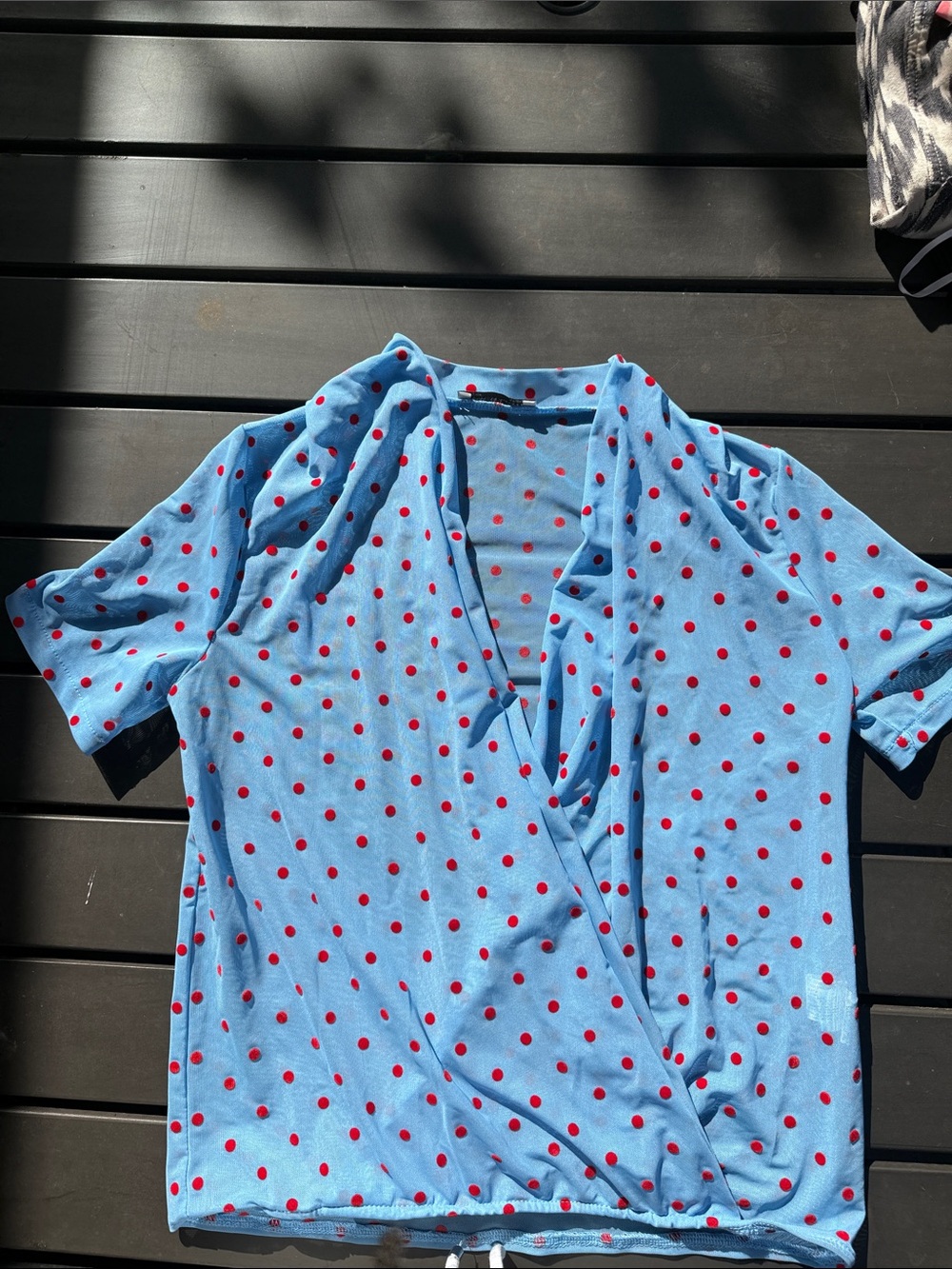 Zara Light Baby Blue Top with Red Polka Dots